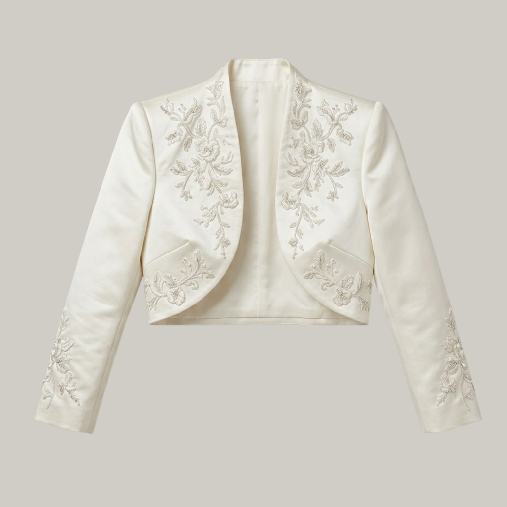 Ivory Satin Bridal Bolero with Floral Embroidery