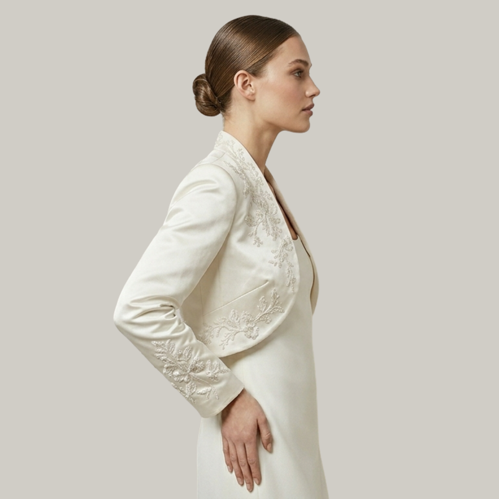 Ivory Satin Bridal Bolero with Floral Embroidery