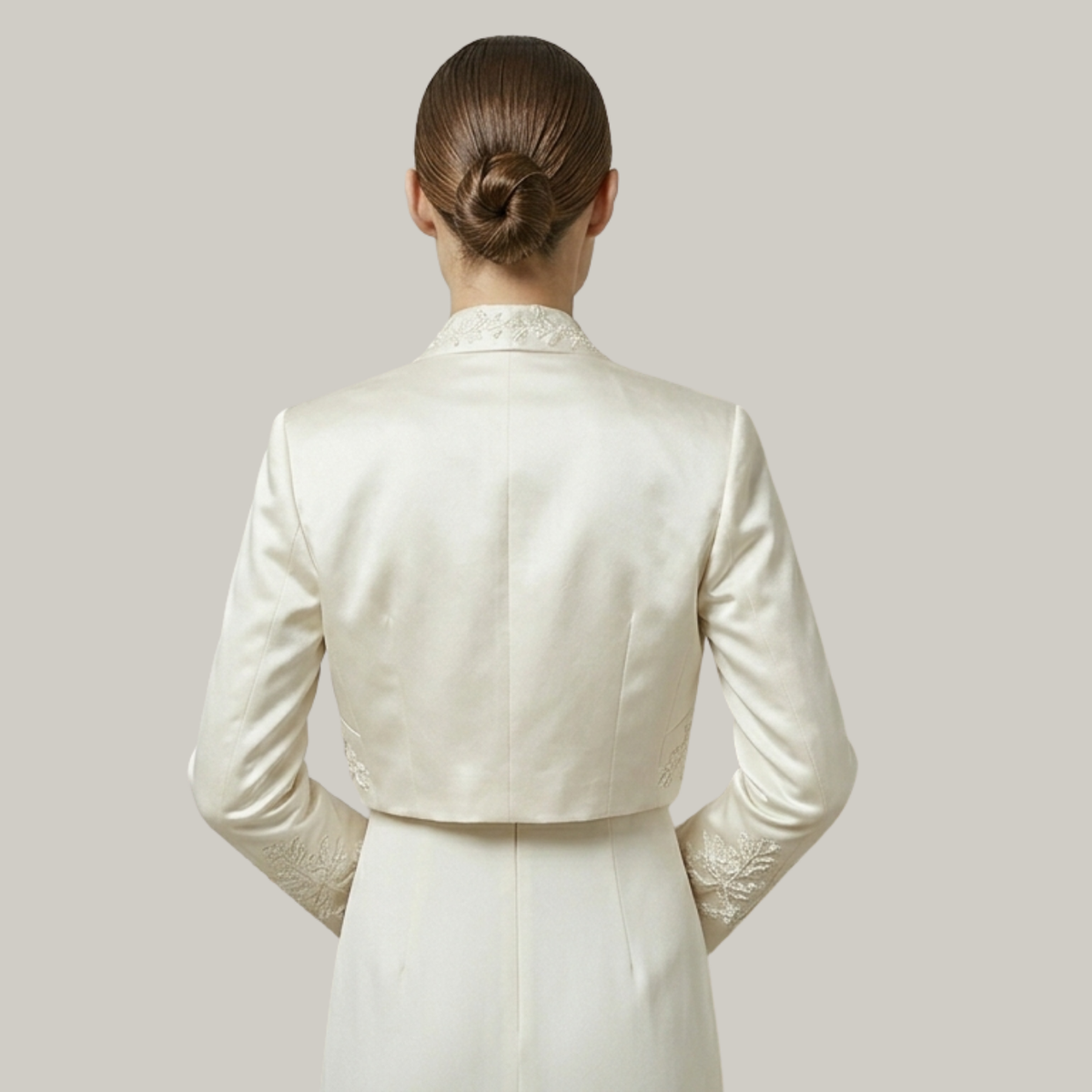Ivory Satin Bridal Bolero with Floral Embroidery
