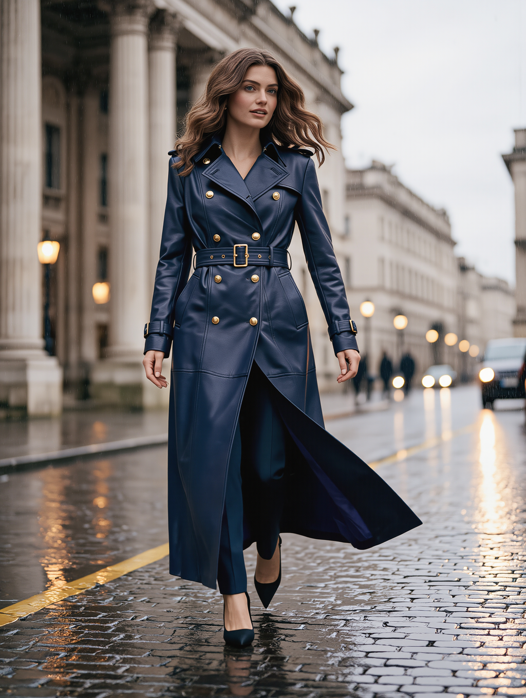 The Kensington Double-Breasted Navy Blue Leather Trench Coat | Statement Outerwear
