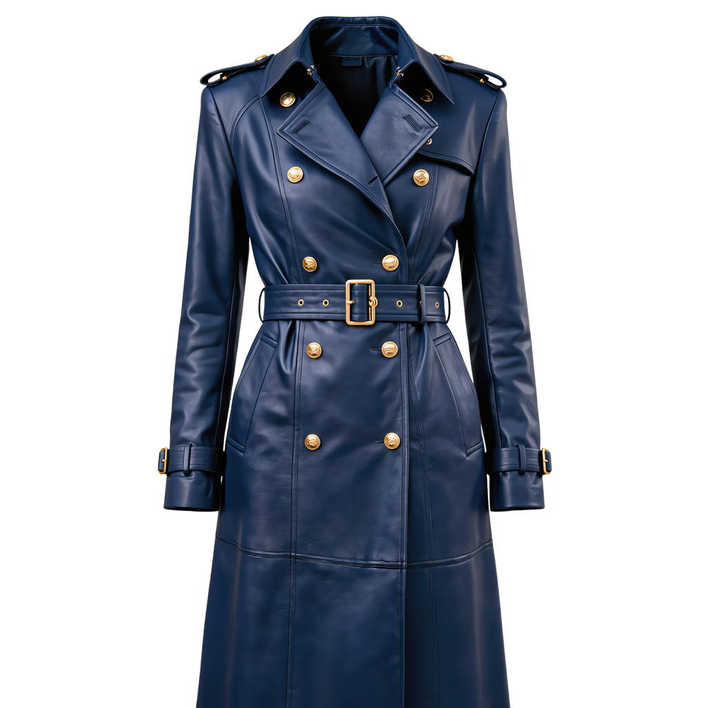The Kensington Double-Breasted Navy Blue Leather Trench Coat | Statement Outerwear