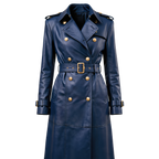 The Kensington Double-Breasted Navy Blue Leather Trench Coat | Statement Outerwear