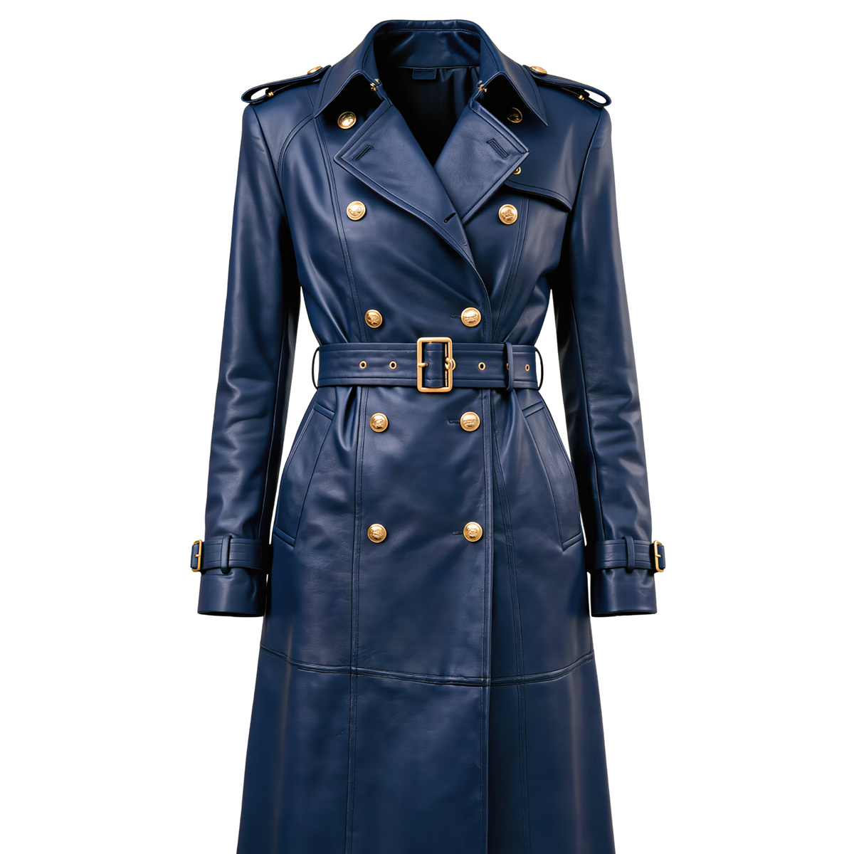 The Kensington Double-Breasted Navy Blue Leather Trench Coat | Statement Outerwear