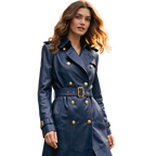 The Kensington Double-Breasted Navy Blue Leather Trench Coat | Statement Outerwear