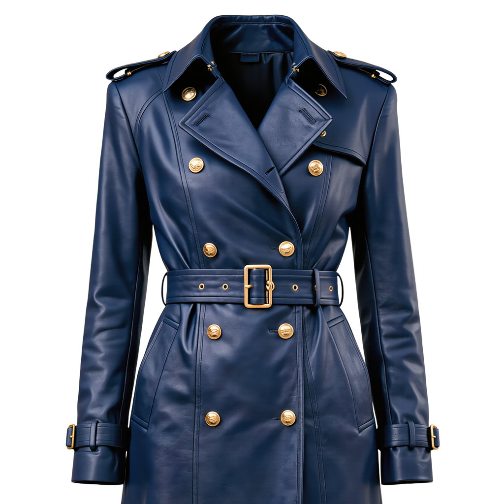 The Kensington Double-Breasted Navy Blue Leather Trench Coat | Statement Outerwear