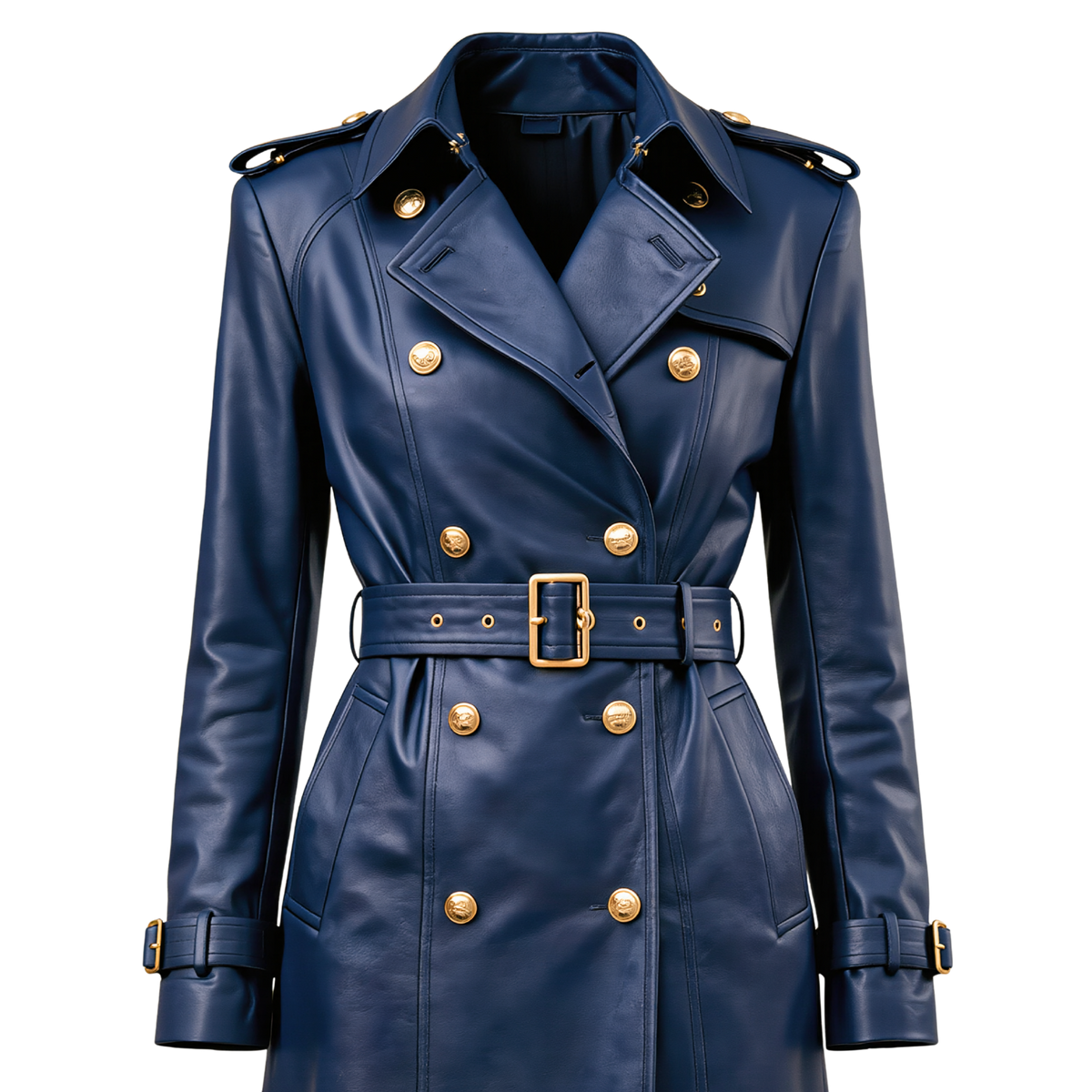 The Kensington Double-Breasted Navy Blue Leather Trench Coat | Statement Outerwear