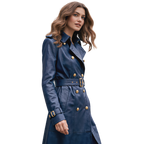 The Kensington Double-Breasted Navy Blue Leather Trench Coat | Statement Outerwear