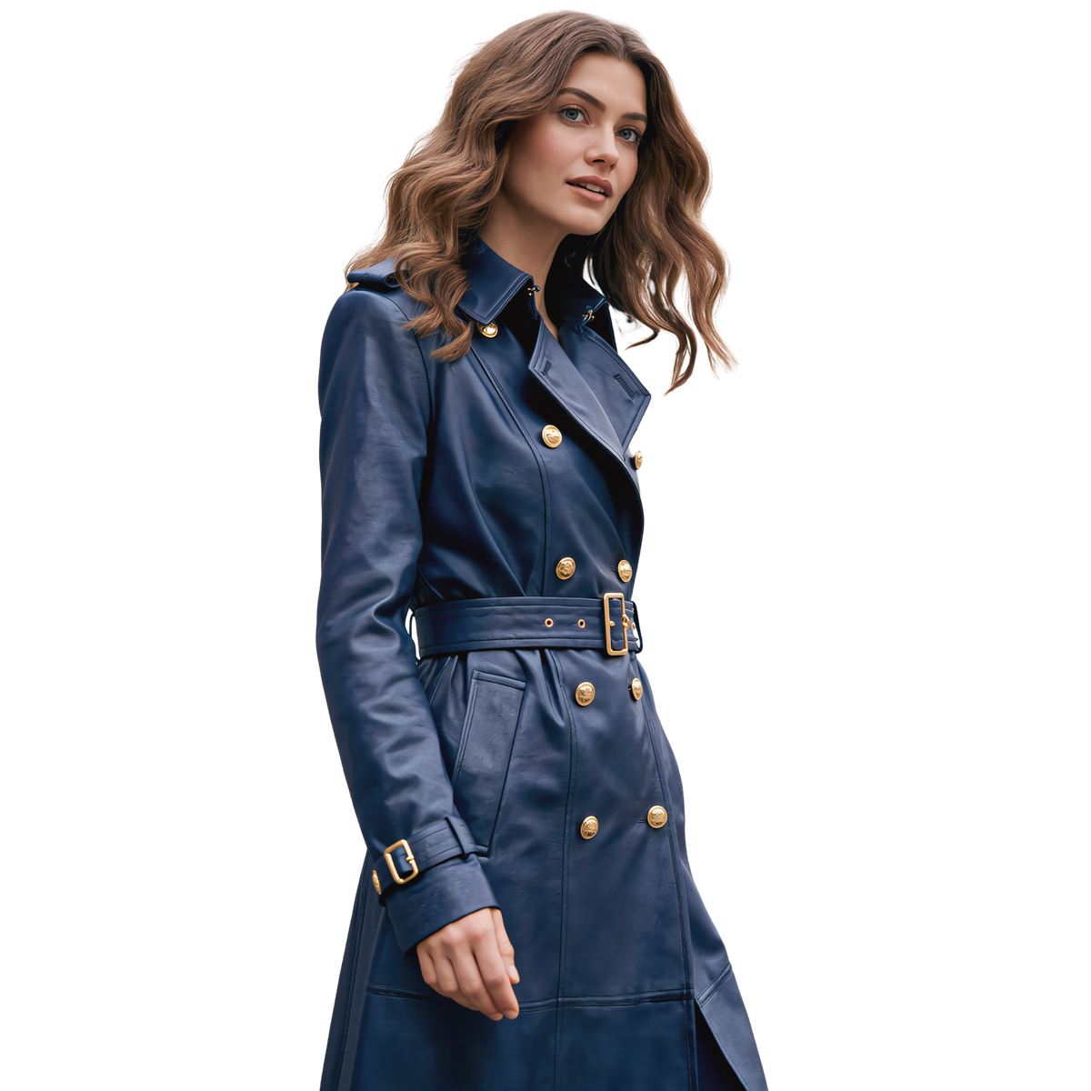 The Kensington Double-Breasted Navy Blue Leather Trench Coat | Statement Outerwear