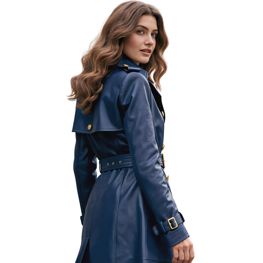 The Kensington Double-Breasted Navy Blue Leather Trench Coat | Statement Outerwear