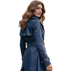 The Kensington Double-Breasted Navy Blue Leather Trench Coat | Statement Outerwear