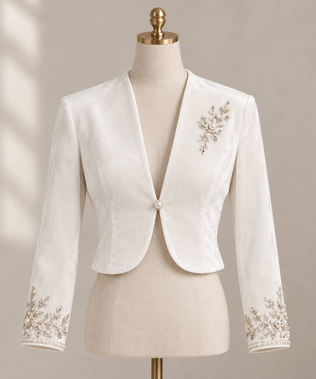 White Velvet Bridal Bolero with Pearl Embellishments