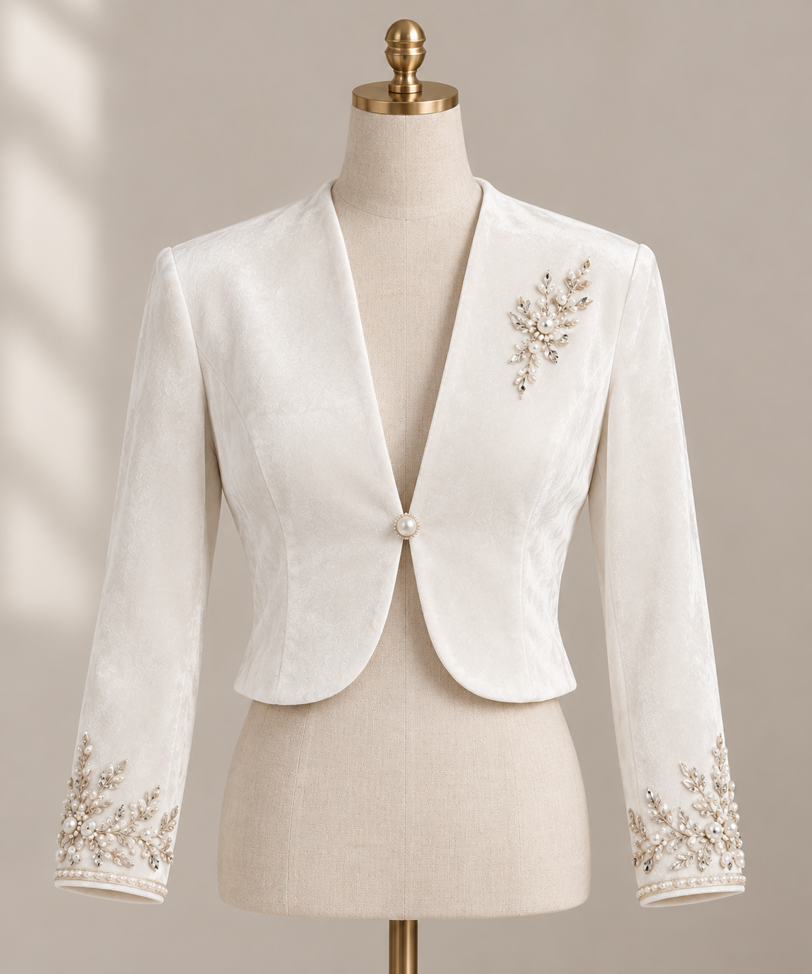 White Velvet Bridal Bolero with Pearl Embellishments