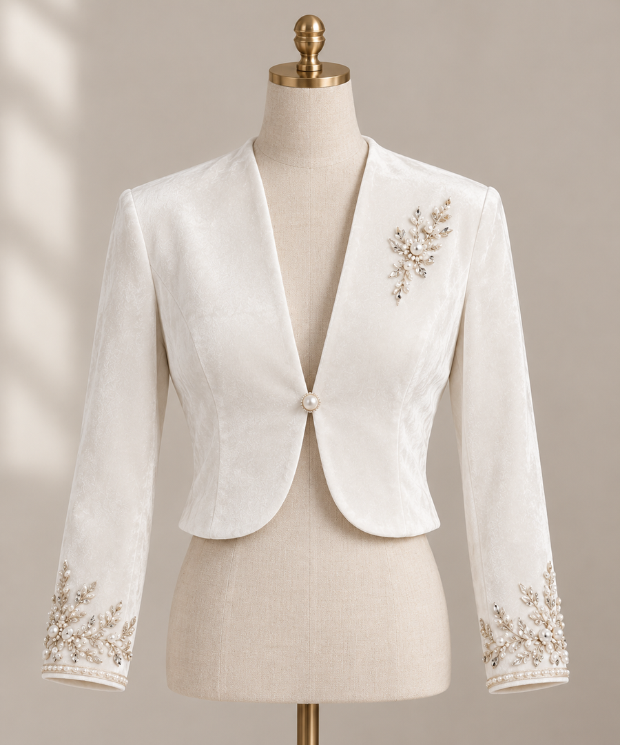 White Velvet Bridal Bolero with Pearl Embellishments