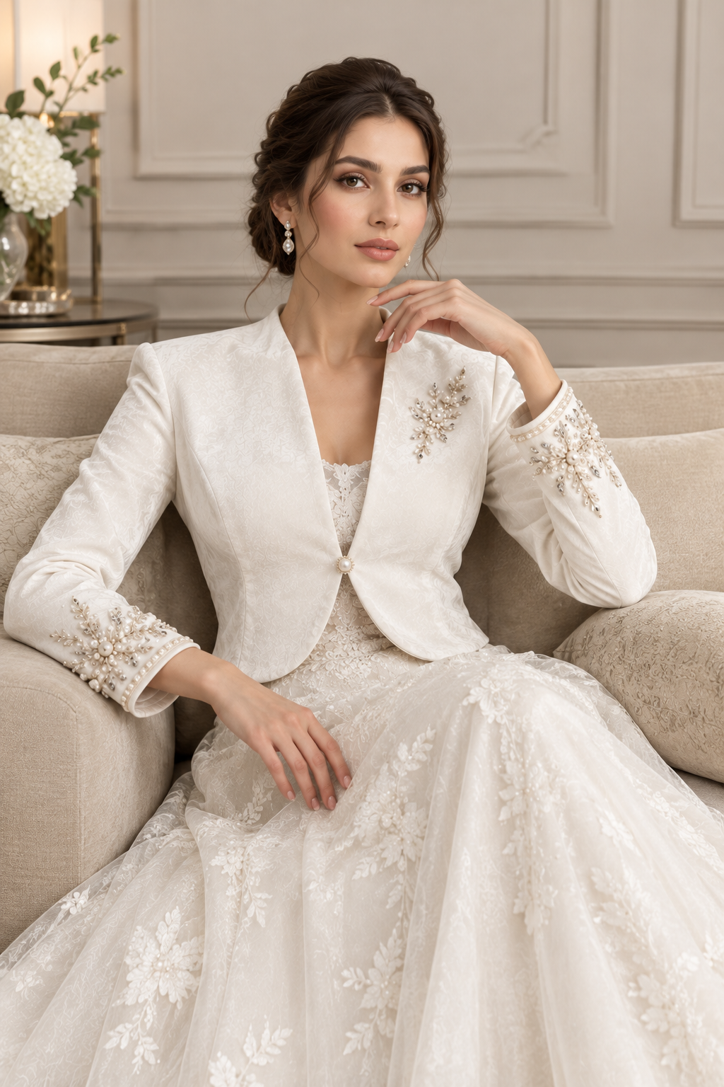 White Velvet Bridal Bolero with Pearl Embellishments