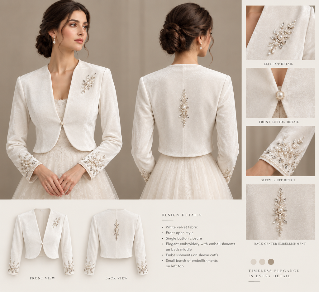 White Velvet Bridal Bolero with Pearl Embellishments