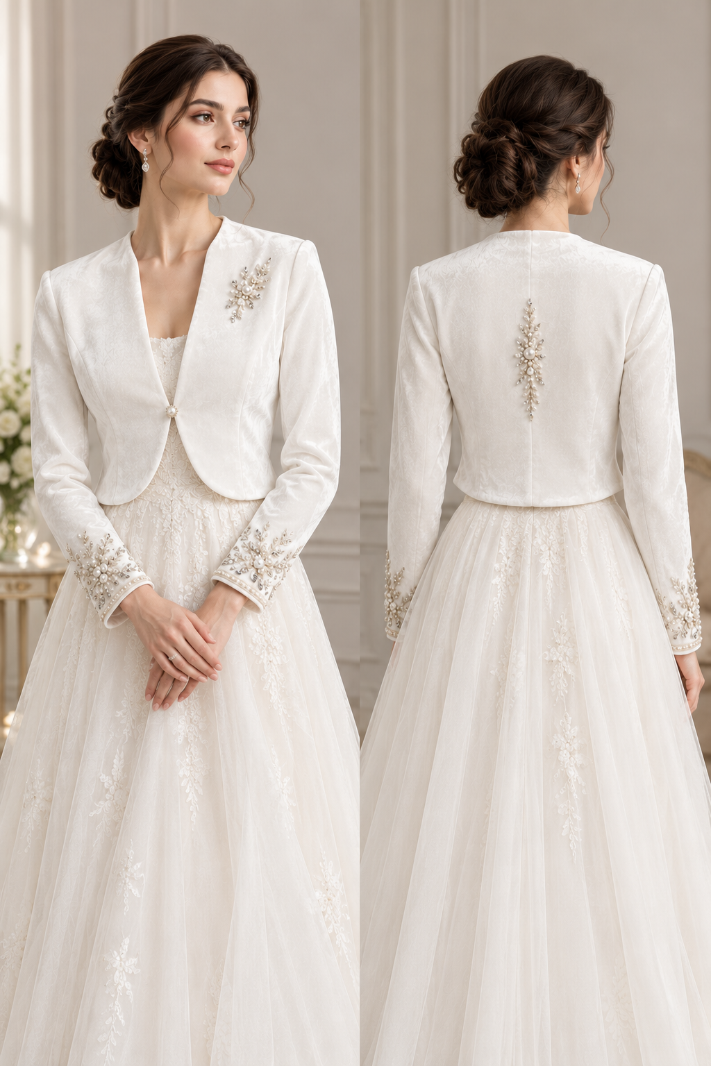 White Velvet Bridal Bolero with Pearl Embellishments