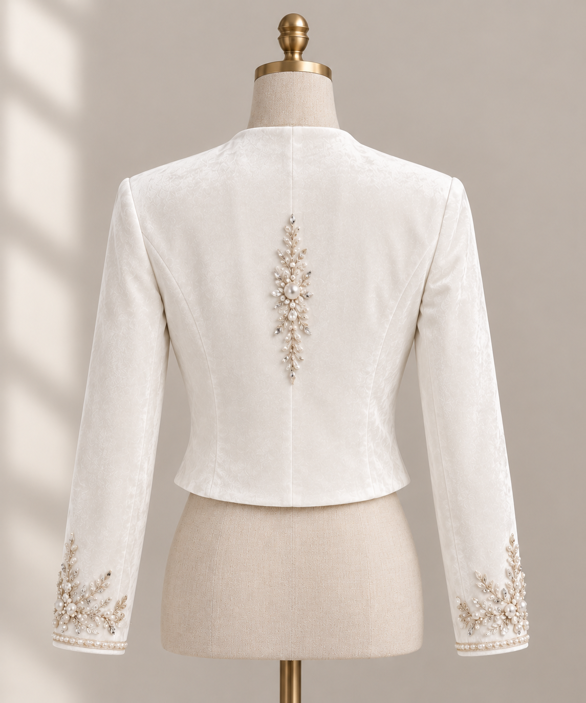 White Velvet Bridal Bolero with Pearl Embellishments
